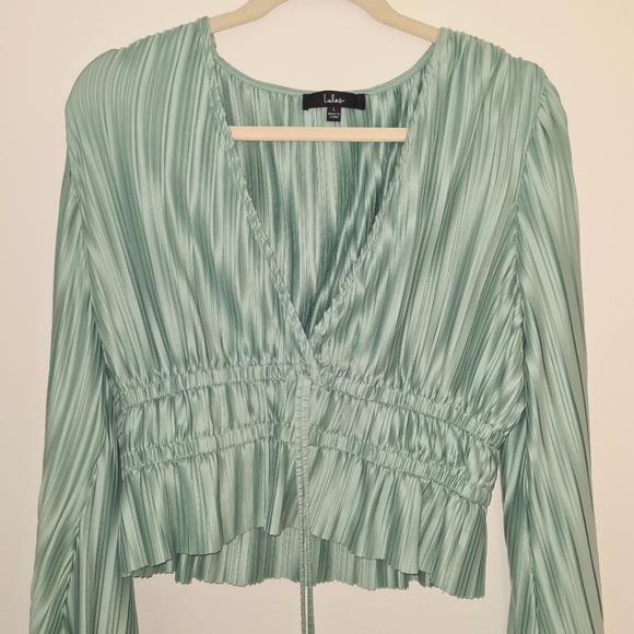 Lulus Staying Optimistic Sage Green Pleated Bell Sleeve Top - Picture 2 of 3